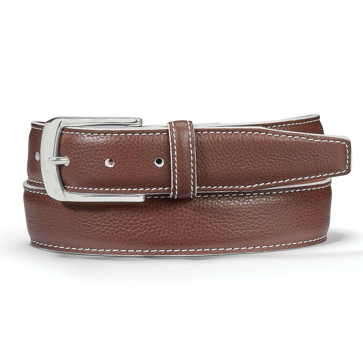 Brighton brown leather belt with contrast white stitching and polished silver-tone buckle on a white background