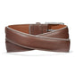 Brighton brown leather belt with contrast white stitching, coiled to show silver-tone buckle on a white background