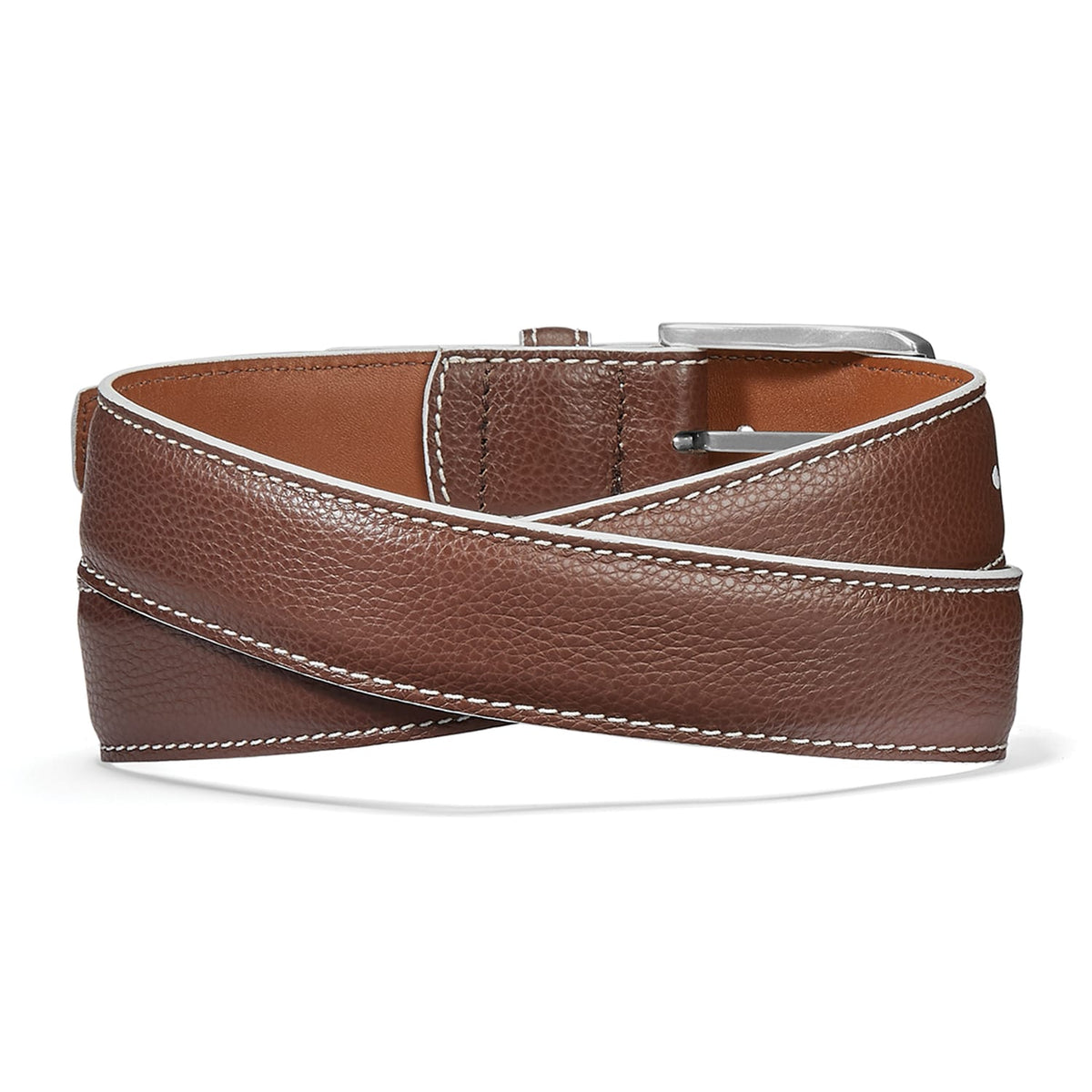 Brighton brown leather belt with contrast white stitching, coiled to show silver-tone buckle on a white background