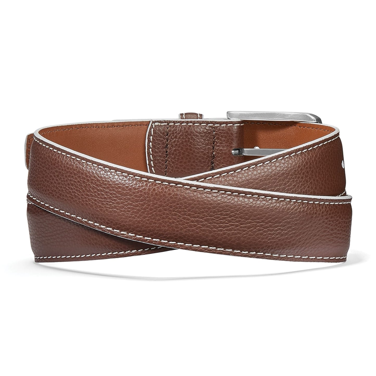 Brighton brown leather belt with contrast white stitching, coiled to show silver-tone buckle on a white background