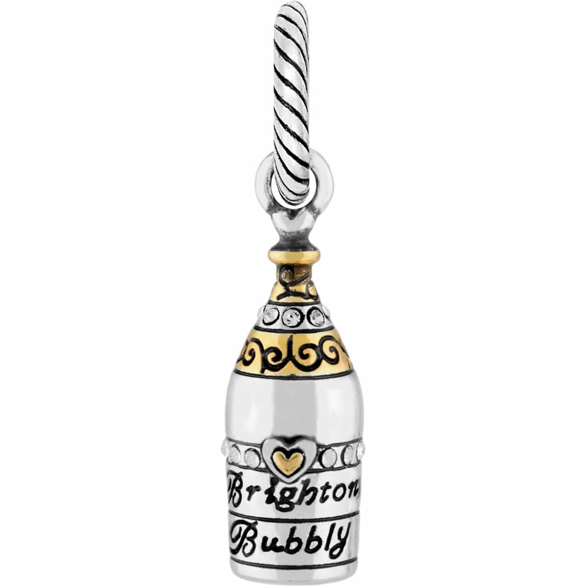 Brighton champagne bottle charm with two-tone finish, crystal accents, and engraved Bubbly label on a white background