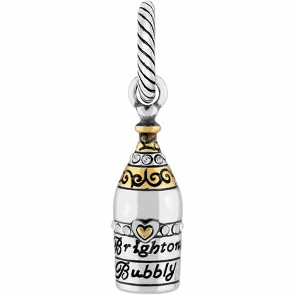 Brighton champagne bottle charm with two-tone finish, crystal accents, and engraved Bubbly label on a white background