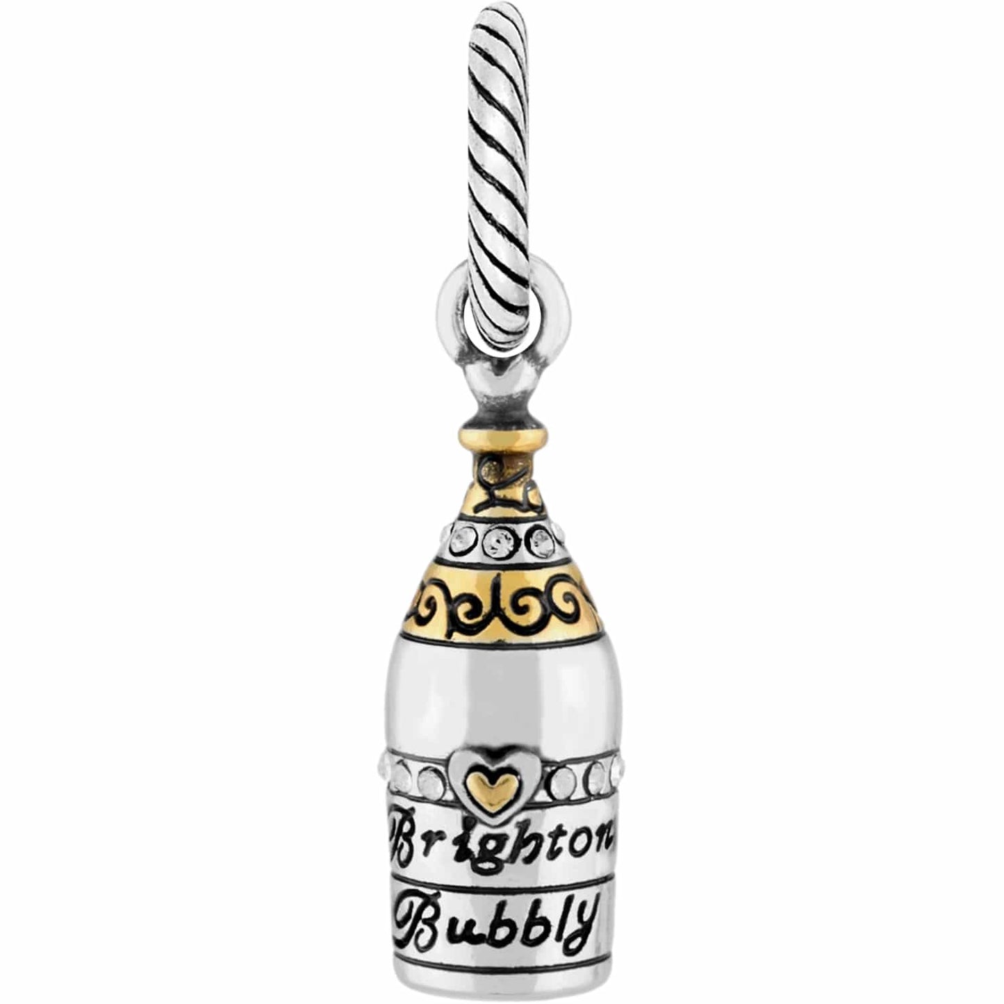 Brighton champagne bottle charm with two-tone finish, crystal accents, and engraved Bubbly label on a white background