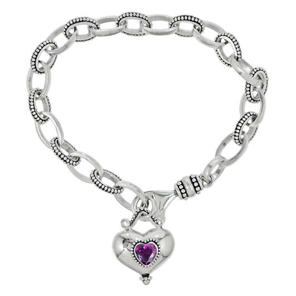 Brighton chain link bracelet with sterling silver beaded links and heart charm with purple crystal on a white background