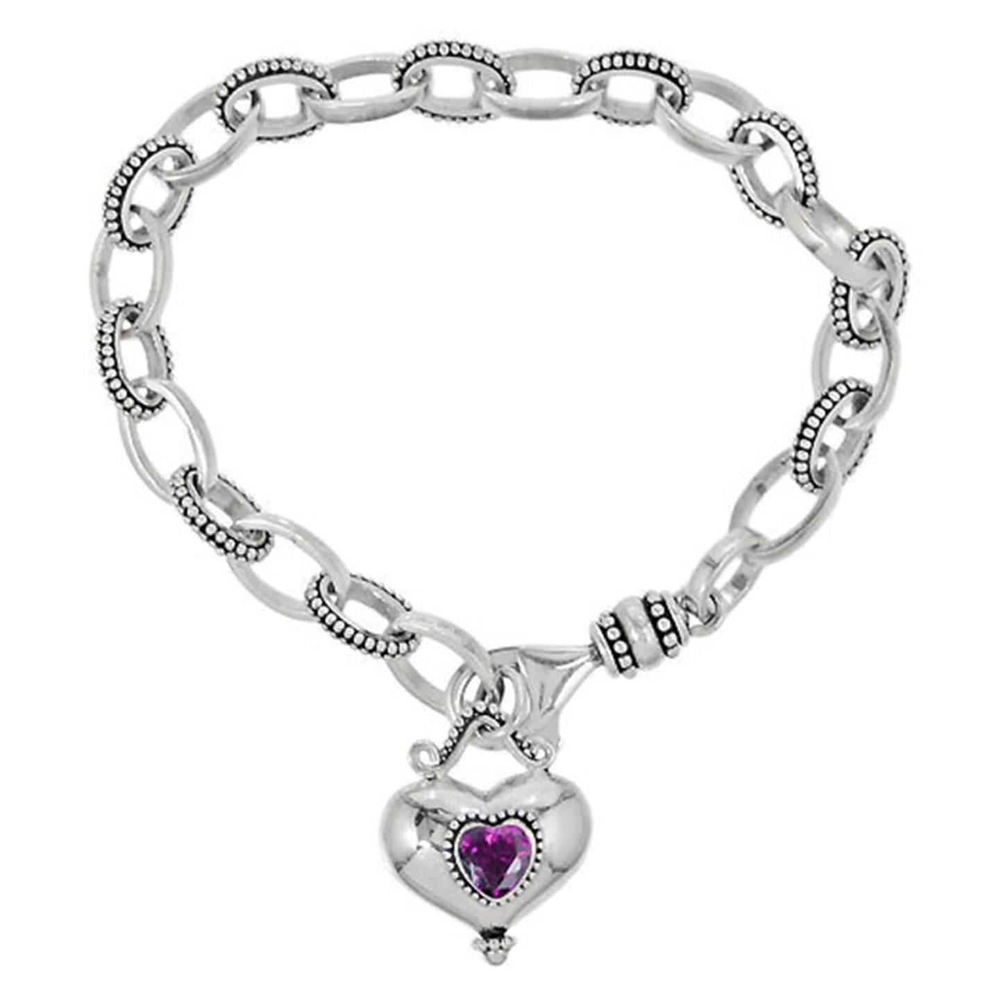 Brighton chain link bracelet with sterling silver beaded links and heart charm with purple crystal on a white background
