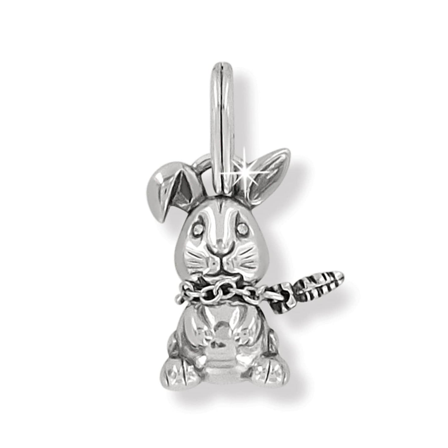Brighton bunny charm with silver-plated finish, floppy ear, and dangling carrot accent on a white background