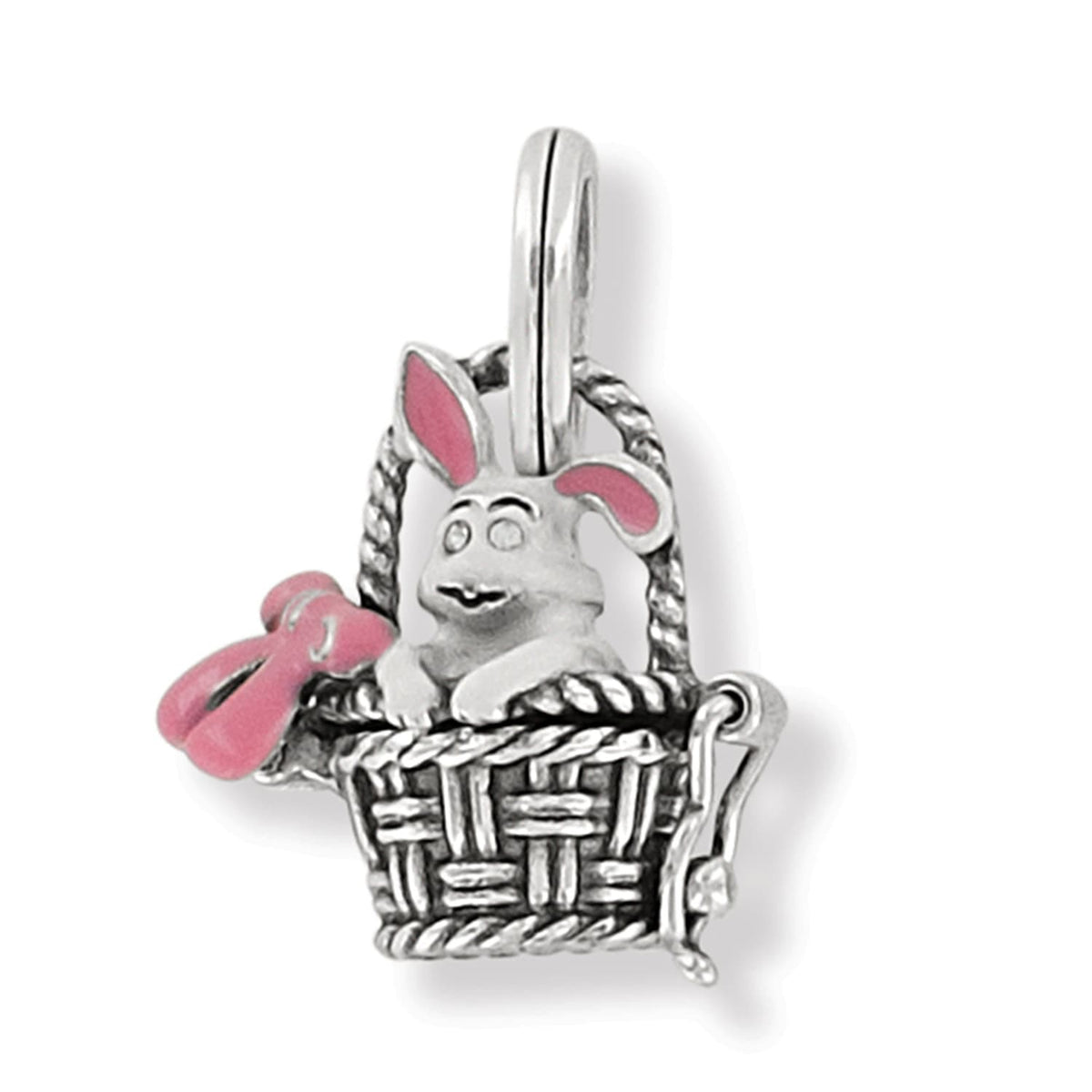 Brighton bunny basket charm with pink enamel ears and bow, silver-tone woven basket design on a white background