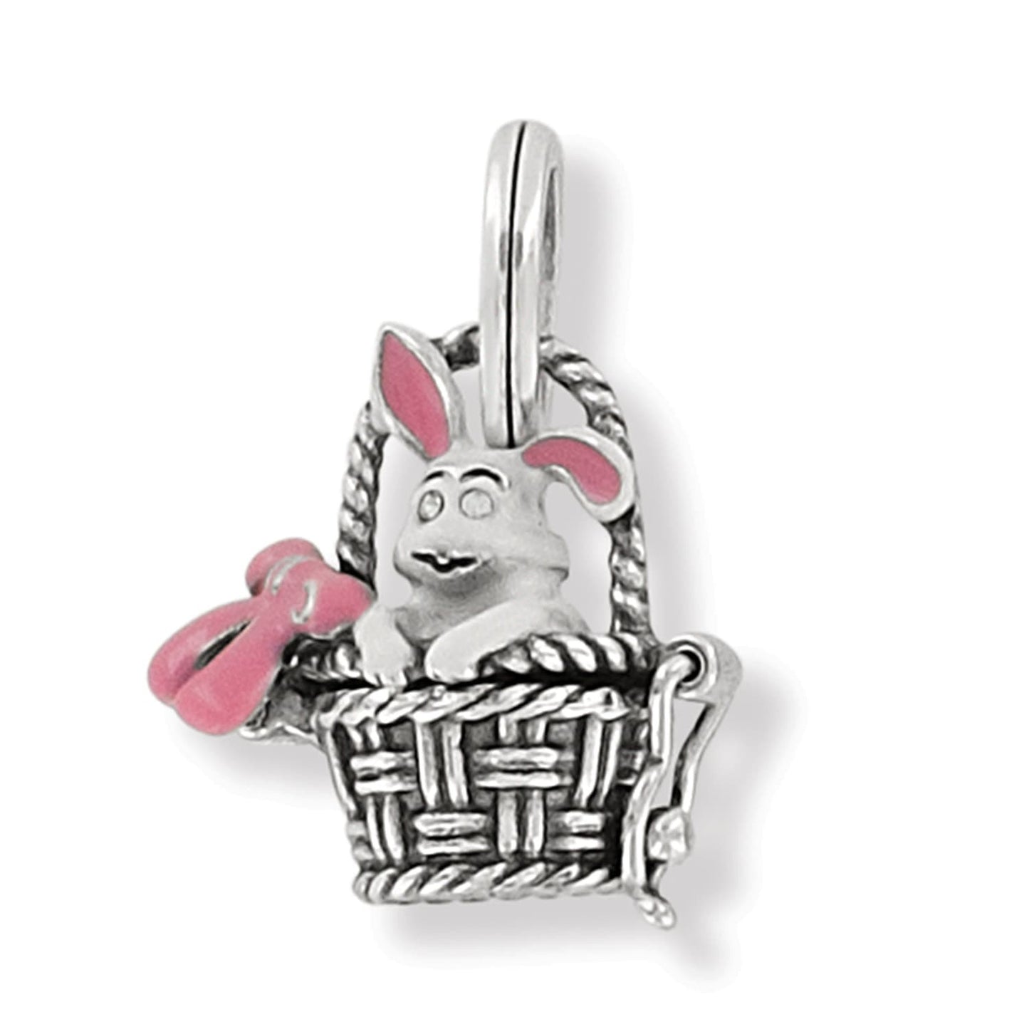 Brighton bunny basket charm with pink enamel ears and bow, silver-tone woven basket design on a white background