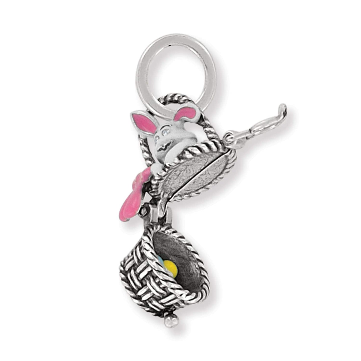 Brighton bunny basket charm shown open with pink enamel ears and colorful eggs inside on a white background