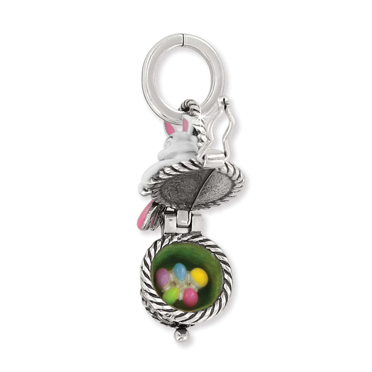 Brighton bunny charm shown open revealing colorful enamel Easter eggs inside a rope-edged basket on a white background