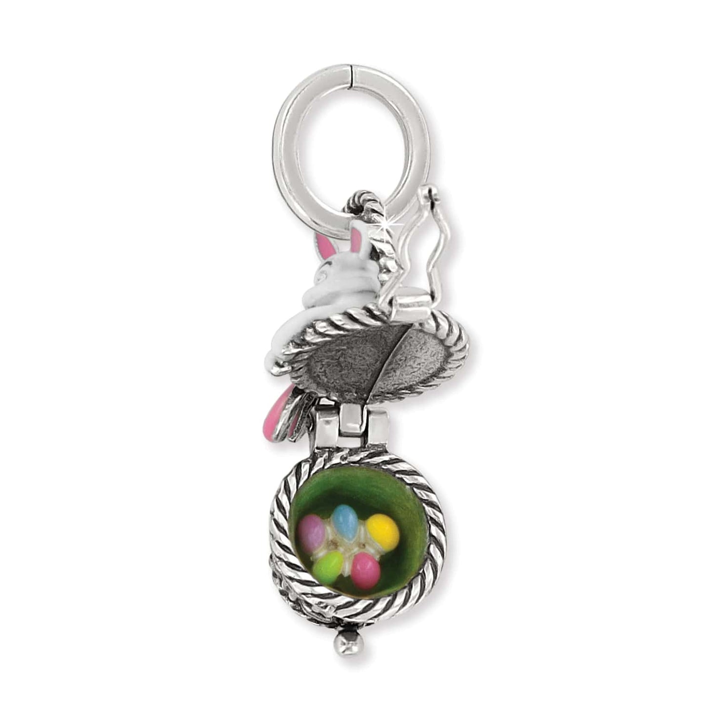 Brighton bunny charm shown open revealing colorful enamel Easter eggs inside a rope-edged basket on a white background