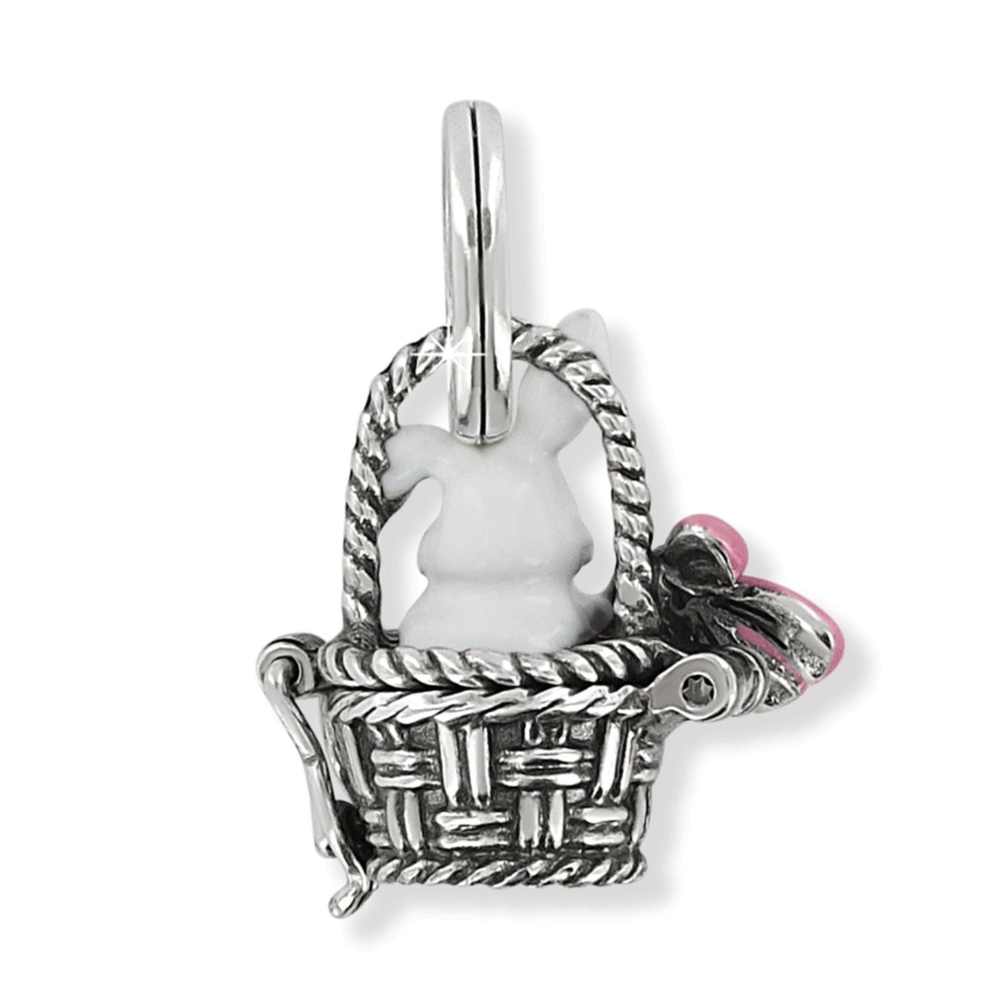 Brighton bunny charm with white enamel rabbit in silver-tone woven basket and pink bow on white background