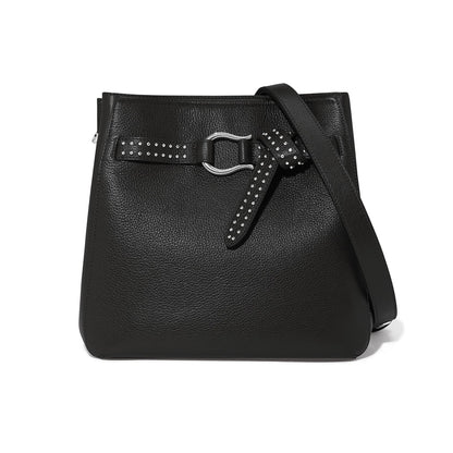 Brighton black pebbled leather shoulder handbag with studded belt detail, silver-tone buckle, and adjustable strap on a white background
