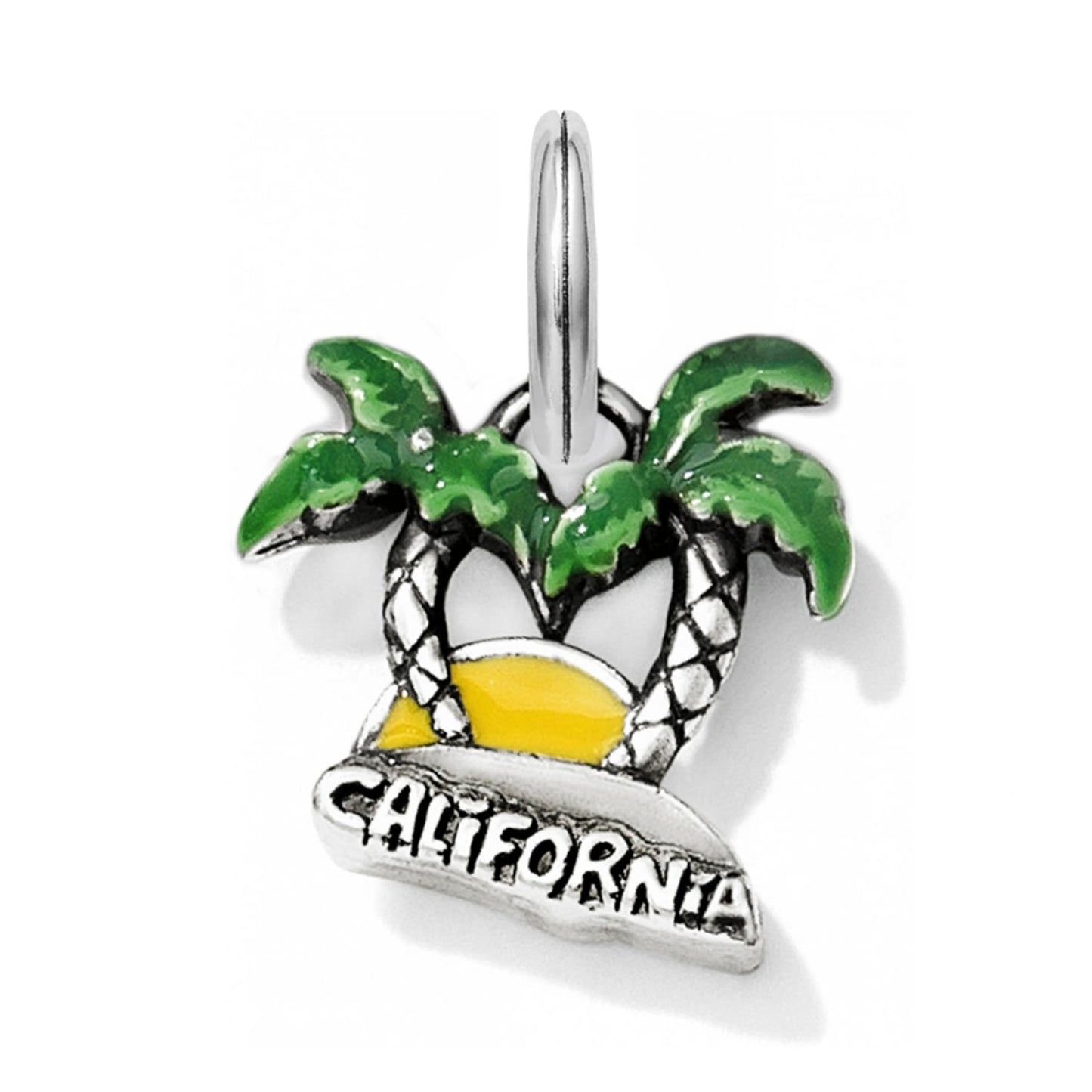 Brighton California charm with green enamel palm trees, yellow enamel sun, and silver-tone banner on a white background
