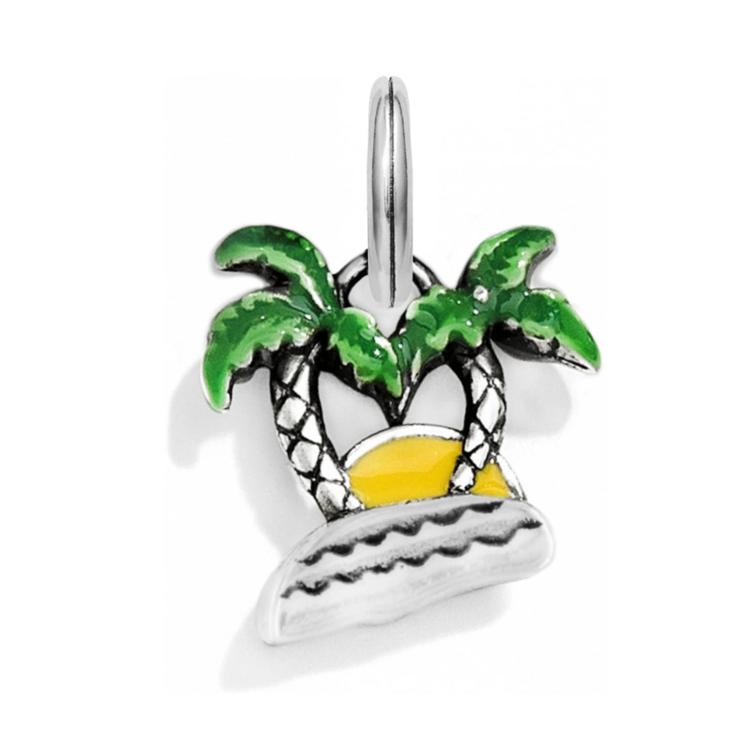 Brighton palm tree charm with green enamel fronds, yellow enamel sun, and silver-tone waves on a white background