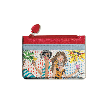 Brighton card case with illustrated print of two women holding wine glasses and red zip top on a white background