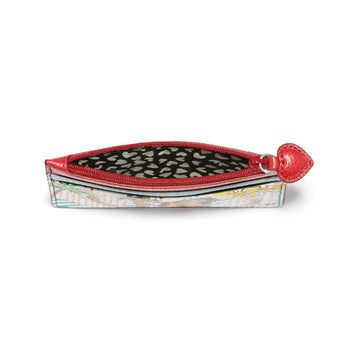 Brighton coin pouch side view with red zipper, heart-shaped pull, and illustrated print exterior on a white background