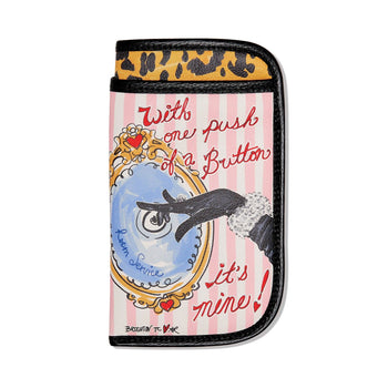 Brighton case with pink striped print, illustrated mirror graphic, leopard trim, and black edges on a white background