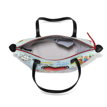 Brighton handbag shown open with light blue Los Angeles illustrated print, red zipper, and black leather handles on a white background