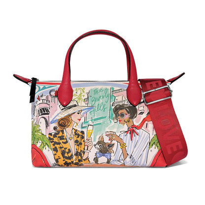 Brighton handbag with illustrated Beverly Hills print, red leather handles, and red woven shoulder strap on a white background