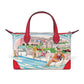 Brighton handbag with illustrated poolside scene print and red leather handles and trim on a white background
