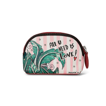 Brighton pouch with pink stripes, green tropical leaf print, All U Need Is Love text, on a white background