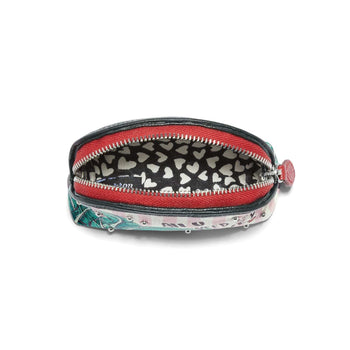 Brighton pouch shown open with red trim, heart-print interior, and studded printed exterior on a white background