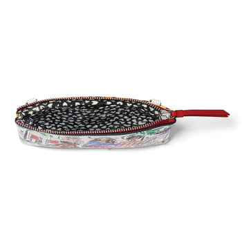 Brighton wristlet shown open from the side with illustrated print, red zipper, and patterned interior lining on a white background