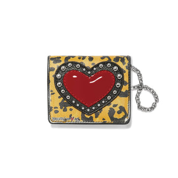 Brighton wallet with leopard print, red heart applique, studded black trim, and silver-tone chain on a white background