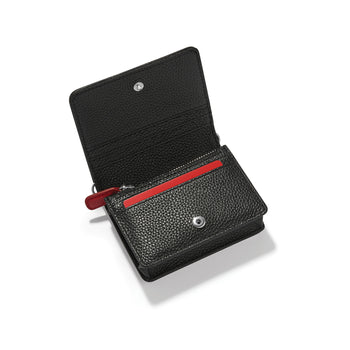 Brighton black pebbled leather wallet shown open with interior card slots and silver-tone snap closure on a white background