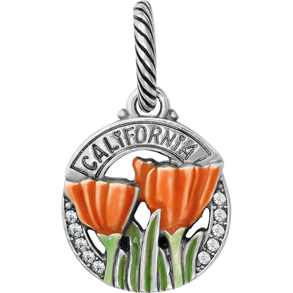 Brighton California charm with orange enamel poppies, green leaves, crystal accents, and silver-plated finish on a white background
