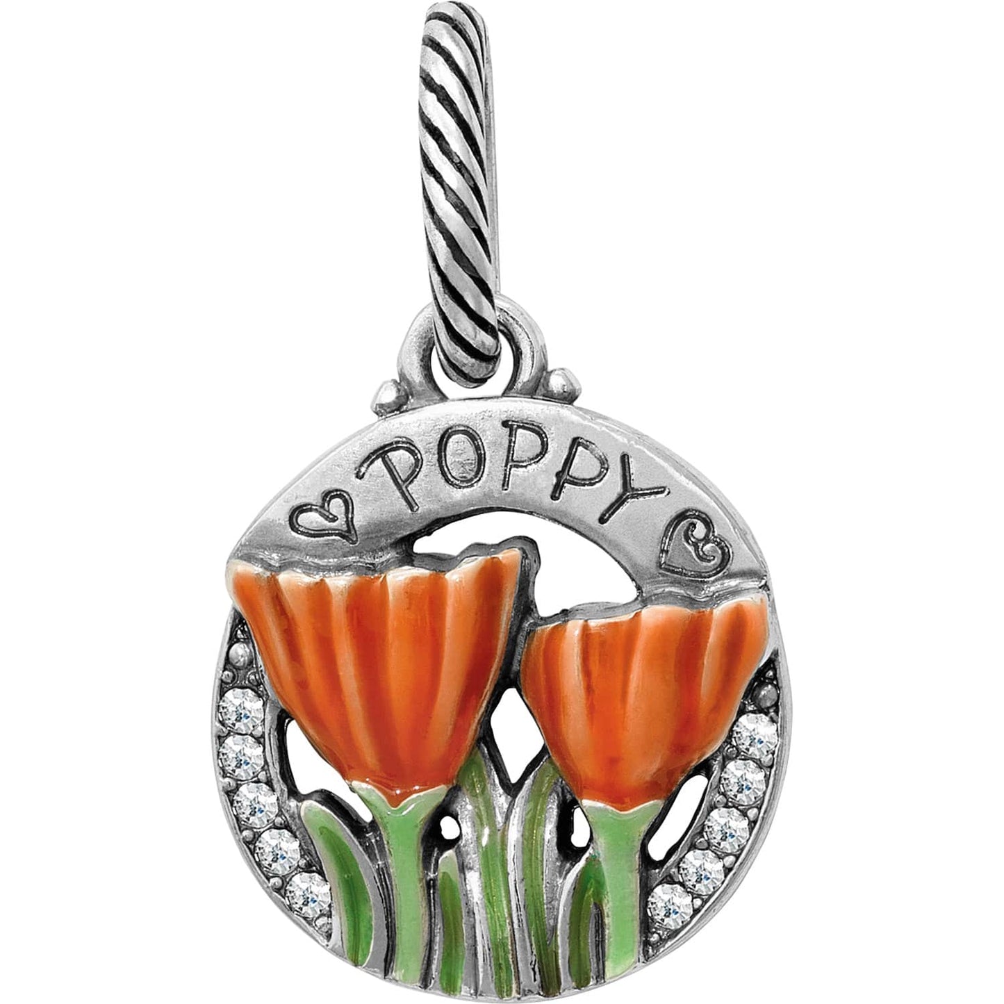 Brighton silver-plated poppy charm with orange enamel flowers, green stems, crystal accents, and engraved band on a white background