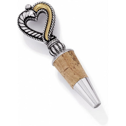 Brighton wine bottle stopper with two-tone silver and gold heart-shaped handle and cork base on a white background