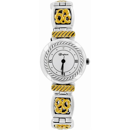 Brighton watch with two-tone silver and gold bracelet, roman numeral dial, and scrollwork link details on a white background