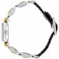 Brighton watch shown from the back with two-tone links and brown leather strap on a white background
