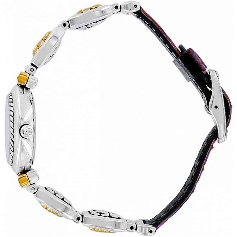 Brighton watch shown from the back with two-tone links and brown leather strap on a white background