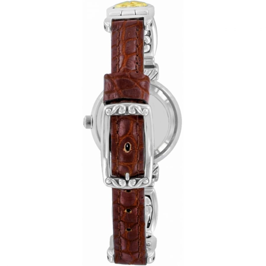 Brighton watch shown from the back with brown croc-embossed leather strap and two-tone scrollwork buckle on a white background