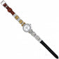 Brighton watch with brown leather strap, two-tone scrollwork links, and round dial with Roman numerals on a white background
