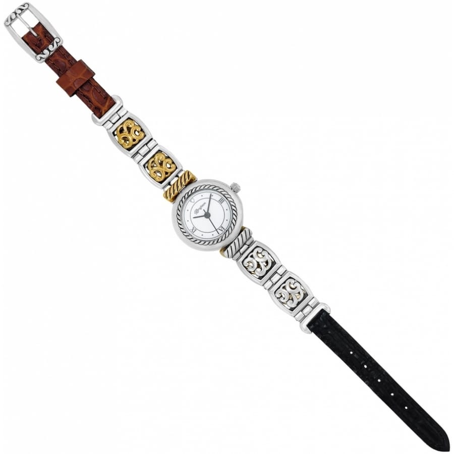 Brighton watch with brown leather strap, two-tone scrollwork links, and round dial with Roman numerals on a white background