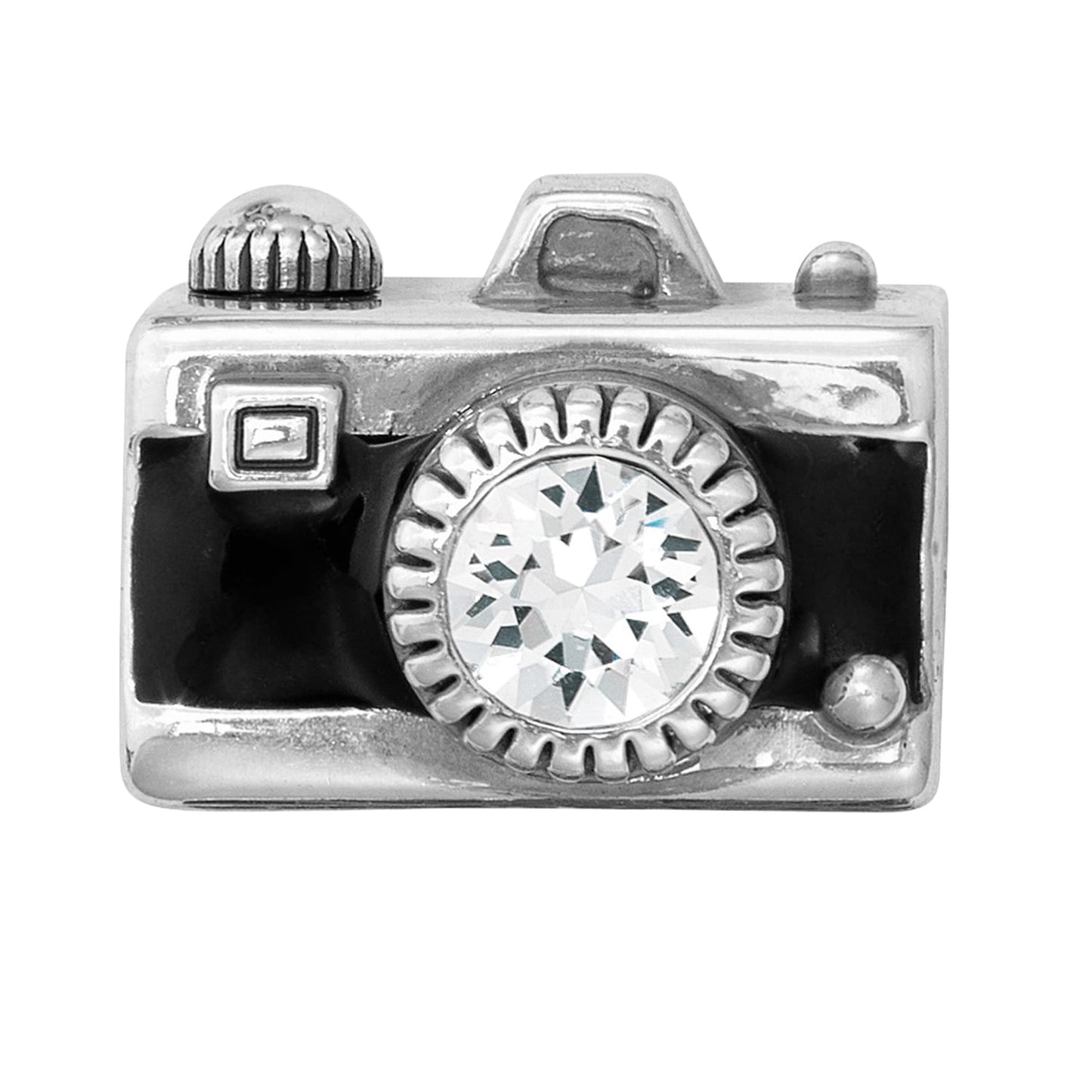 Brighton camera charm with black enamel accents and large crystal lens in silver-plated finish on a white background