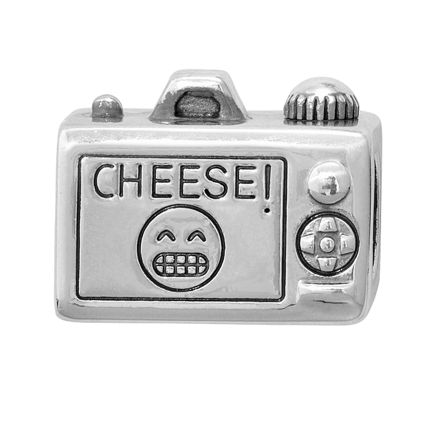Brighton camera-shaped charm with silver-plated finish, engraved CHEESE text, and smiling face detail on a white background
