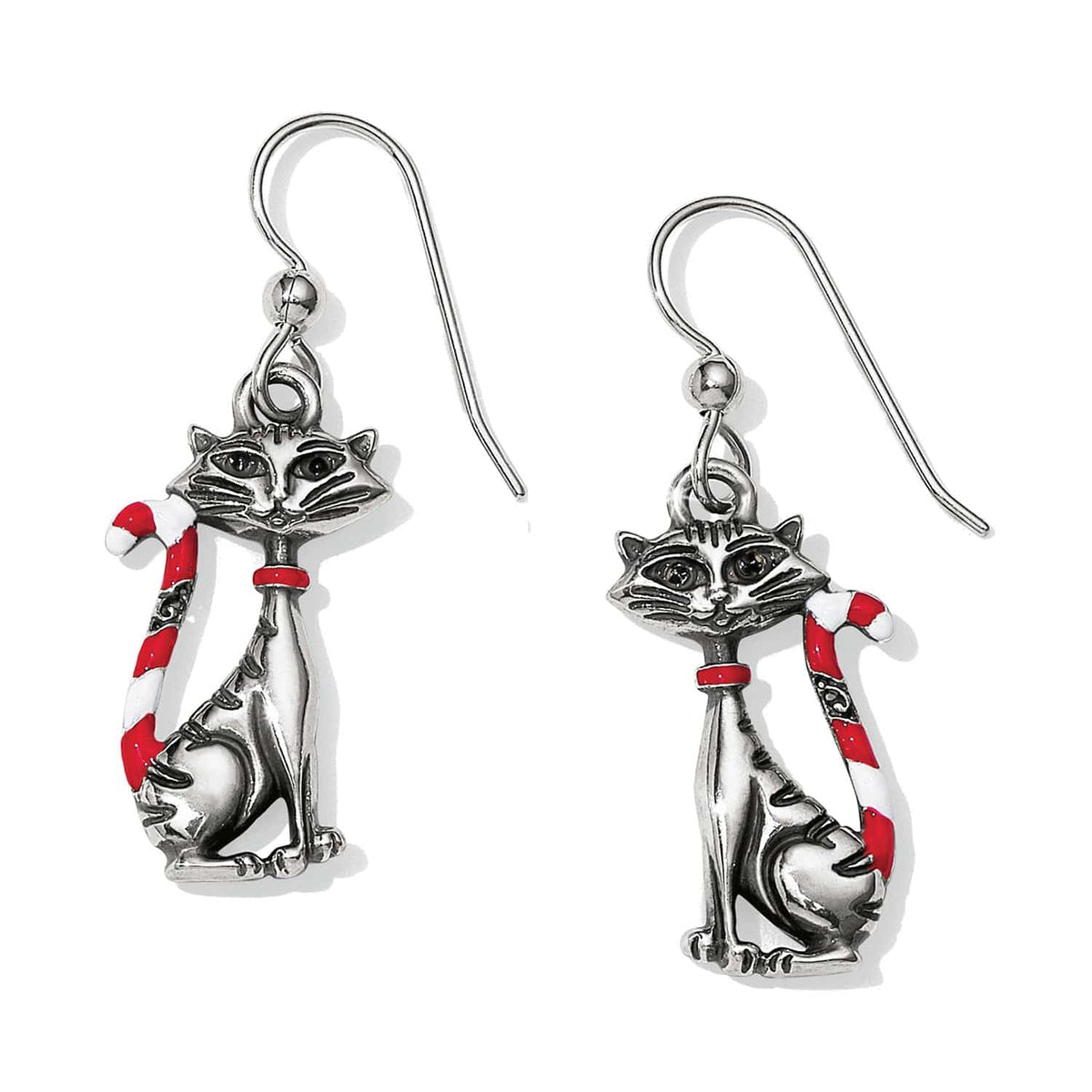 Brighton drop earrings with silver-plated cat figures holding red and white enamel candy canes on a white background