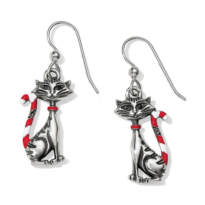 Brighton drop earrings with silver-plated cat figures holding red and white enamel candy canes on a white background