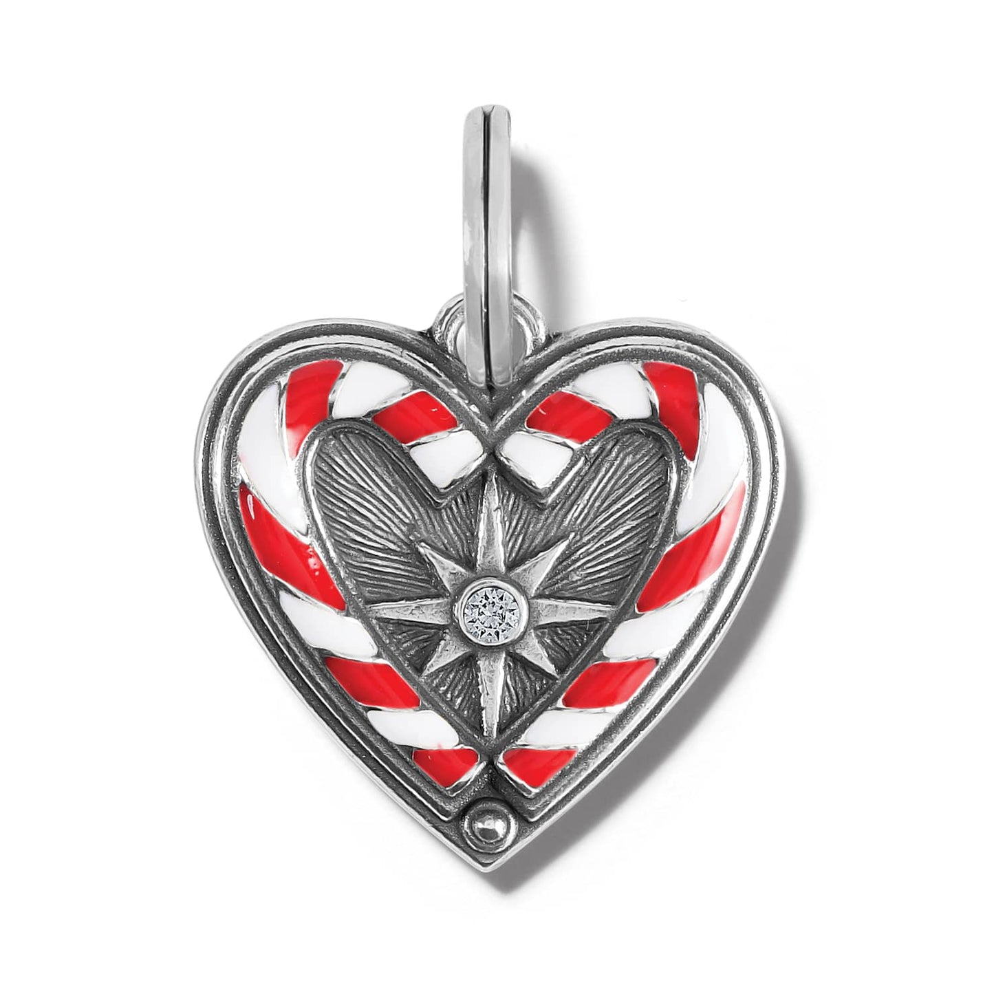 Brighton heart charm with red and white enamel candy cane design and silver-plated star accent on a white background