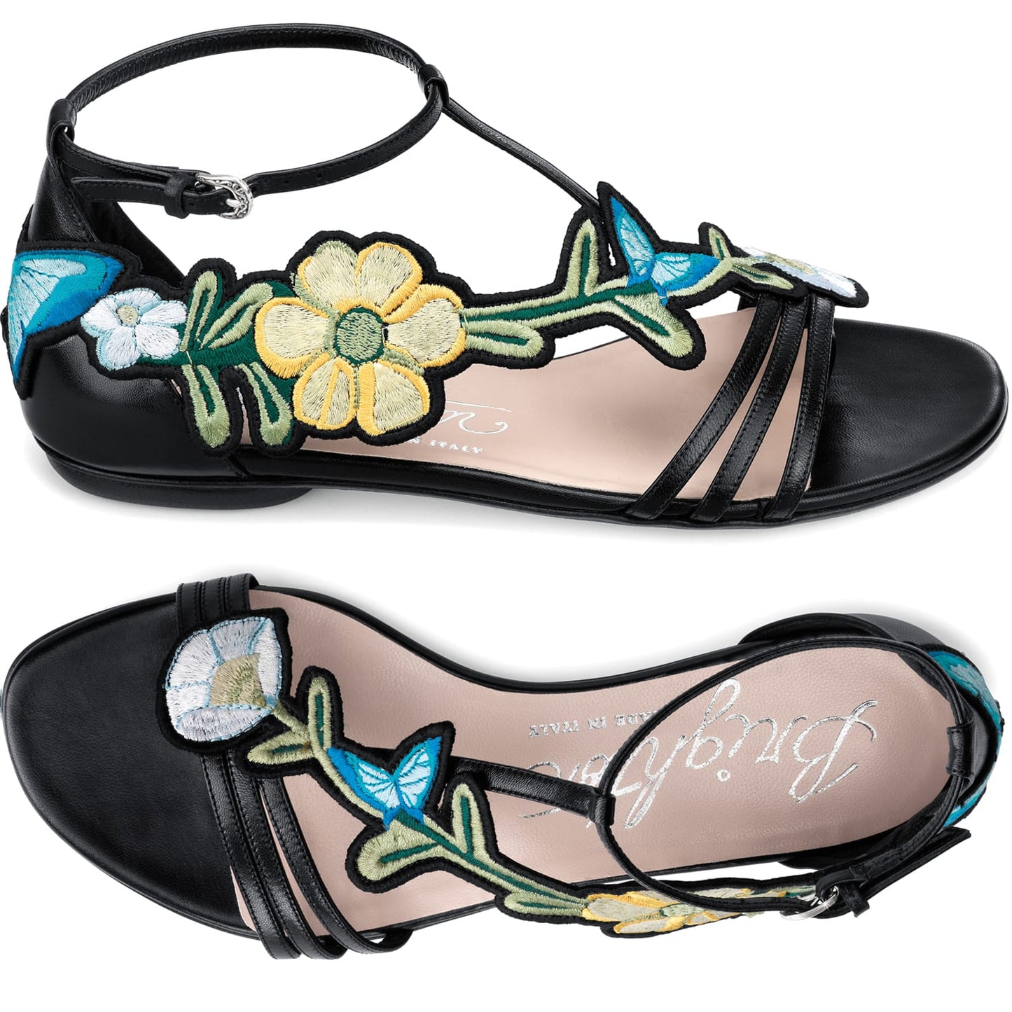 Brighton black leather ankle-strap sandals with embroidered floral and butterfly appliqués, shown from two angles on a white background
