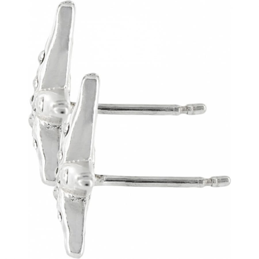 Brighton stud earrings shown from the side with silver-plated posts and textured decorative fronts on a white background