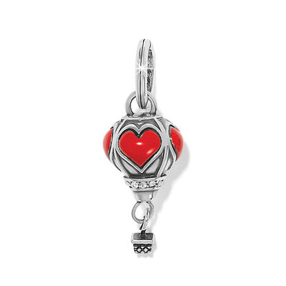 Brighton hot air balloon charm with red enamel hearts, crystal accents, and silver-plated finish on a white background