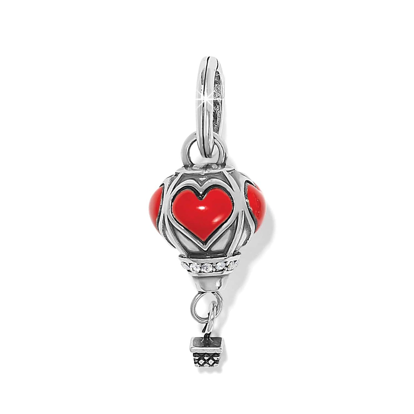 Brighton hot air balloon charm with red enamel hearts, crystal accents, and silver-plated finish on a white background