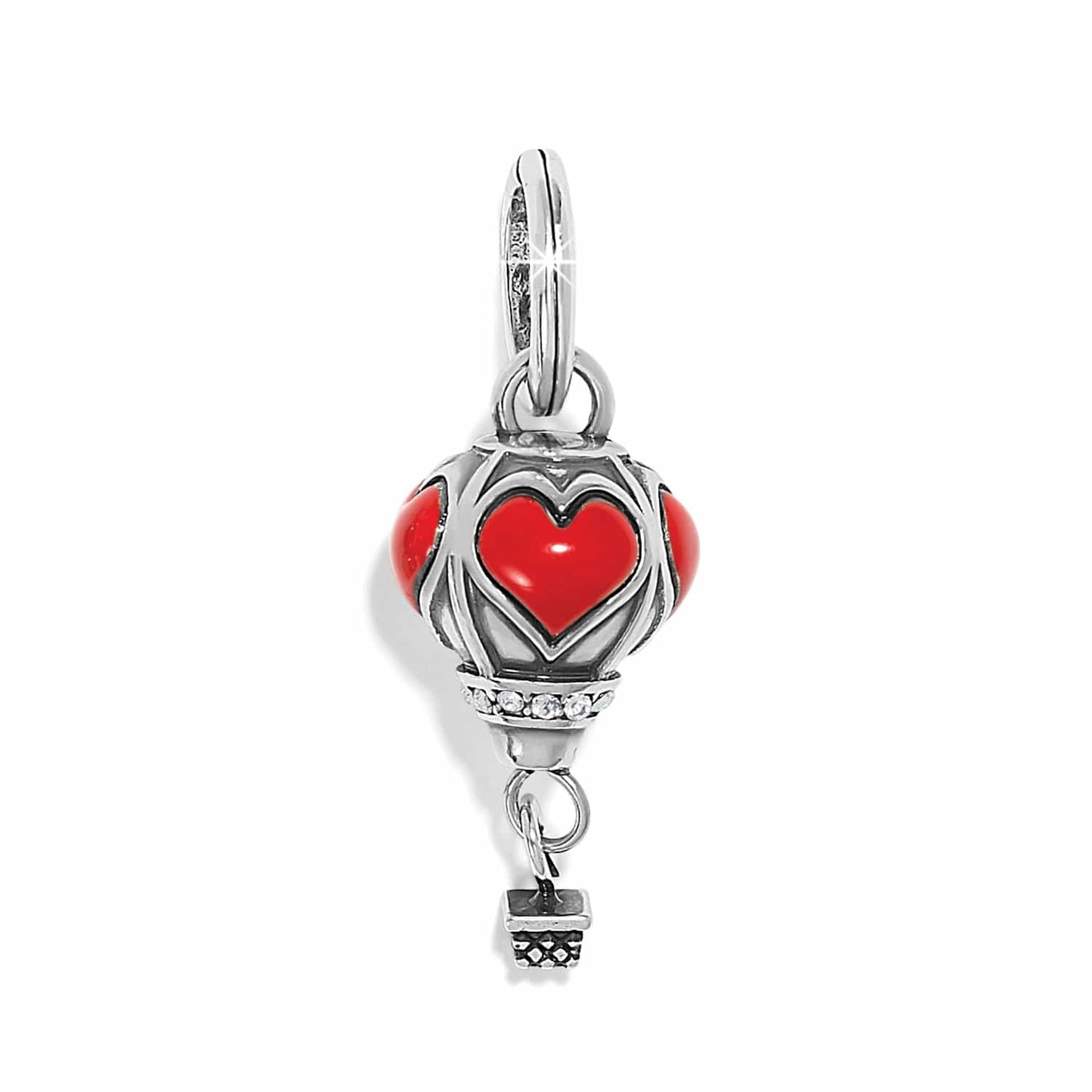 Brighton hot air balloon charm with red enamel hearts, crystal accents, and silver-plated finish on a white background