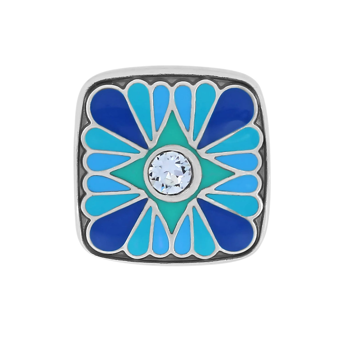 Brighton square charm with blue and turquoise enamel petal design and center crystal on a white background